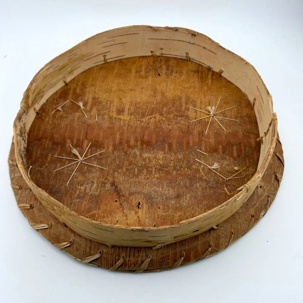 Vintage Handcrafted Birch Bark Floral Applique Storage Box with Lid Rustic Folk